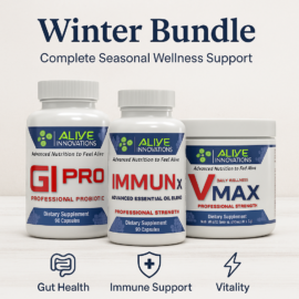 Winter Bundle supplements featuring GI PRO, ImmunX, and V MAX for gut health, immune support, and daily vitality